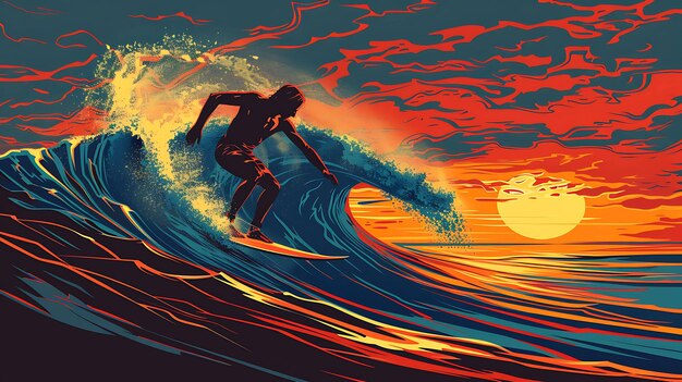 Der Surfer reitet auf einer großen Welle, der Himmel ist orange und das Wasser blau, der Surfer trägt einen Neoprenanzug und hält sich an sein Surfbrett.