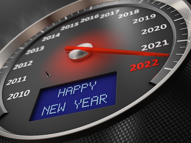 Der Tacho zeigt 2022 an und die Aufschrift auf dem Bildschirm: Happy New Year. 3D-Rendering