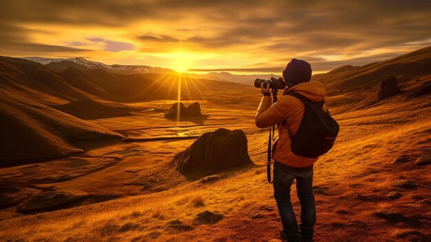 Der Tag des Fotografen Ein leidenschaftlicher Fotograf, der eine atemberaubende Landschaft in der goldenen Stunde festhält Der Krieg