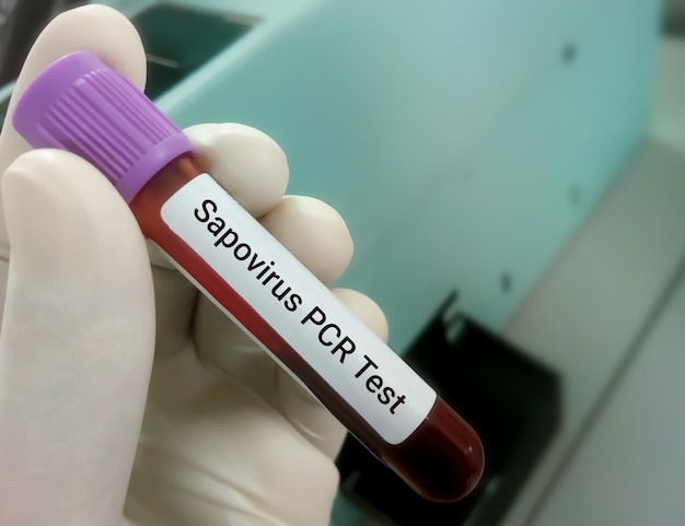 Der Technologe hält eine Blutprobe mit unscharfem Hintergrund für den Sapovirus-PCR-Test