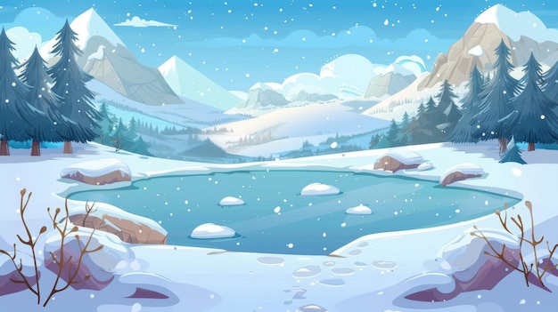 Der teich und das ufer des sees sind mit schnee bedeckt, umgeben von