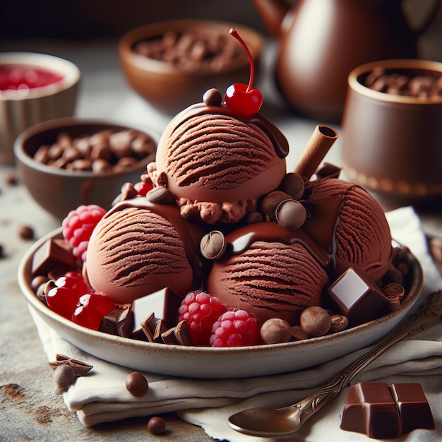 Der Teller hat wunderschön angeordnetes Schokoladen-Eis, das mit Kirschen, Himbeeren und verschiedenen Toppings geschmückt ist