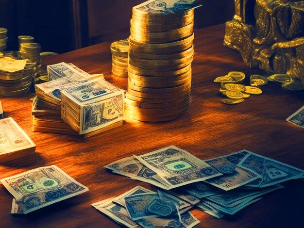 Der Tisch ist überfüllt mit Stapeln von Geld, von denen jeder einen anderen Aspekt des Reichtums darstellt.