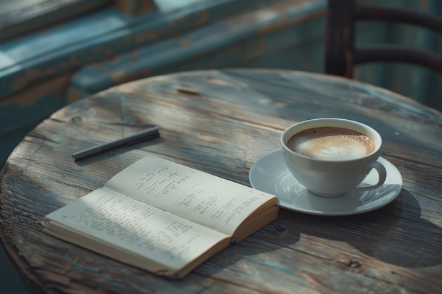 Der Tisch mit einer heißen Kaffeetasse Morgenatmosphäre Notebook Stift und Raum auf der linken Seite