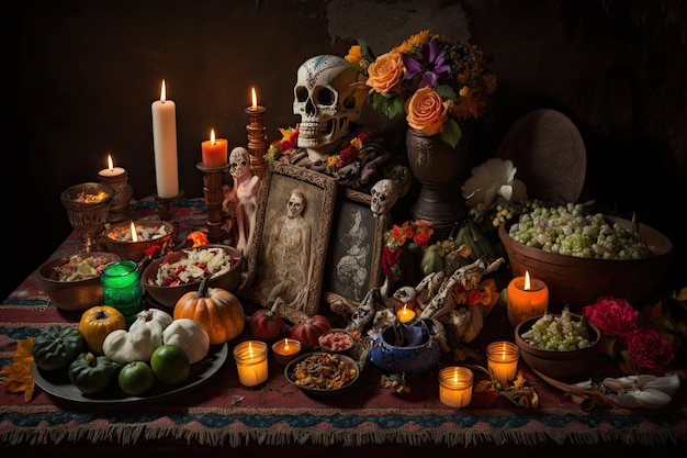 Der Totenaltar ist mit Kerzen und Opfergaben geschmückt, um verlorene Angehörige zu ehren