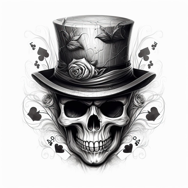Der Totenkopf trägt einen Hut und Spielkarten im Stil von Logo-Monochrom-Porträts der Sicherheit