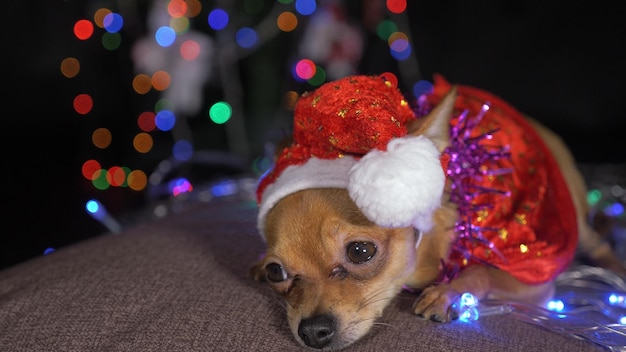 Der Toy Terrier ist ein gelber Neujahrshund. Ein lustiger Hund in einer Weihnachtsmütze liegt und sieht sich um. Er schläft ein und wacht auf. Ein Hintergrund einer Furtree mit beleuchteten Lichtern