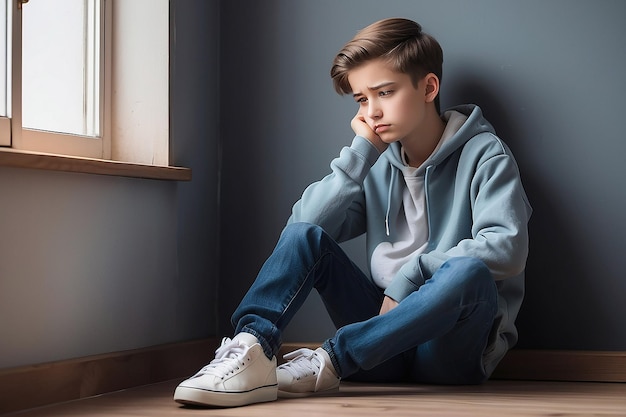 Der traurige Teenager sitzt