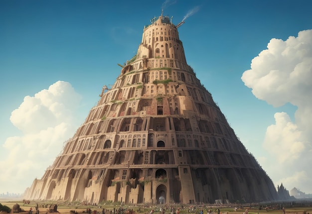 Der Turmbau zu Babel mit einer Menschenmenge u