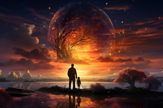 Der Twilight-Hintergrund zeigt die Regenbogenkreation eines Kindes, die eine mystische Himmelssilhouette erschafft
