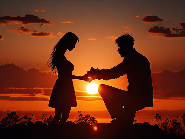Der Typ macht einem Mädchen bei Sonnenuntergang einen generativen Heiratsantrag