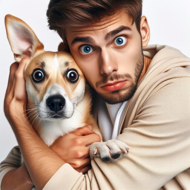 Der Typ umarmt seinen Hund fest, der ihn mit einem überraschten Gesichtsausdruck und ausgeblähten Augen anschaut.