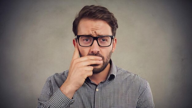 Foto der typ will aufgeben und schmeckt schreckliches essen porträt eines unzufriedenen europäers mit schwarzer brille