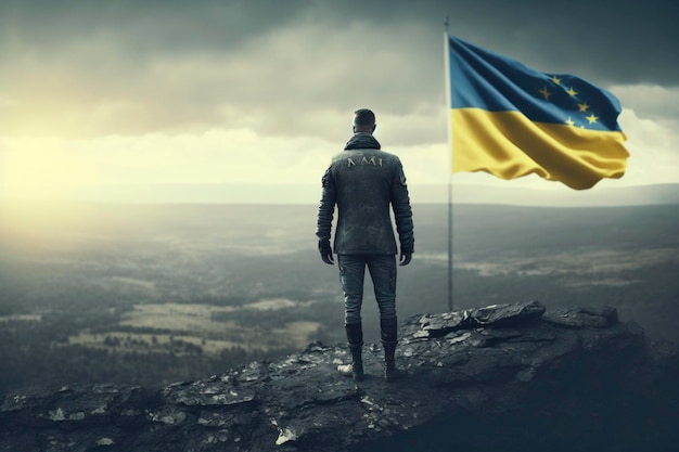 Der ukrainische Fahnenträger steht stolz auf dem Berggipfel und blickt auf den Horizont, ein Symbol der Freiheit