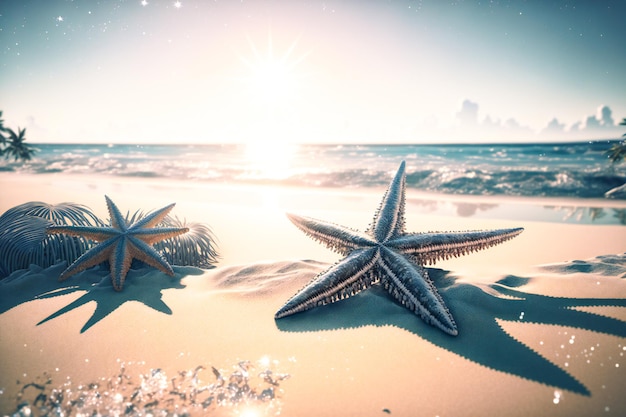 der ultimative Strandurlaub mit einem Hintergrund aus Seesternen, Sommerstrand, Palmen,