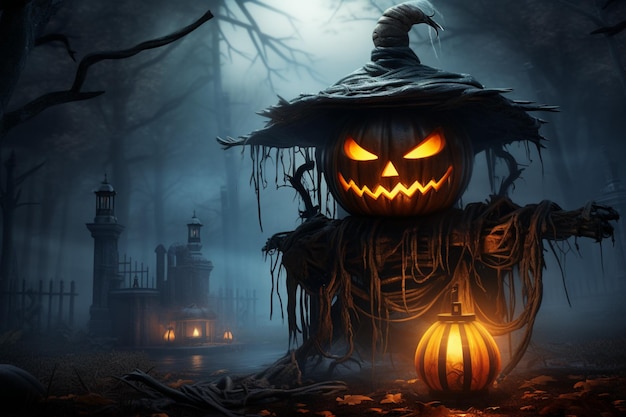 Der unheilvolle Blickfang der Halloween-Tapete besticht durch einen bösartigen und unheimlich bösen Kürbis