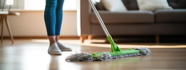 Foto der untere teil einer jungen frau, die zu hause den boden mit einem nassen mopp reinigt