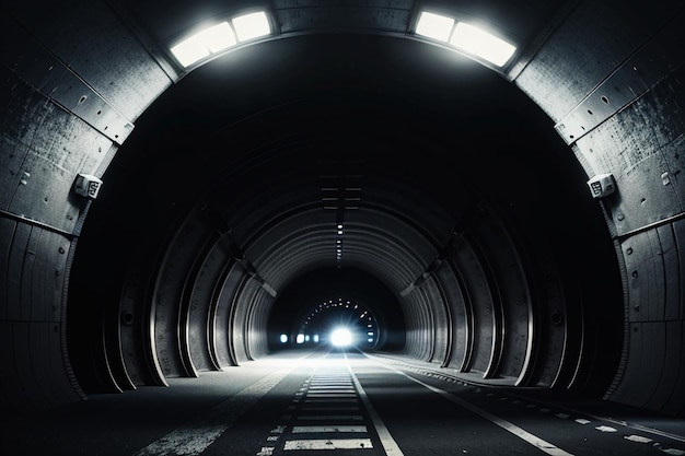 Foto der unterirdische durchgang des tunnels ist lang und weit weg mit lichtern in schwarz-weiß-stil.