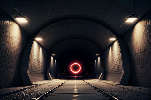 Foto der unterirdische durchgang des tunnels ist lang und weit weg mit lichtern in schwarz-weiß-stil.