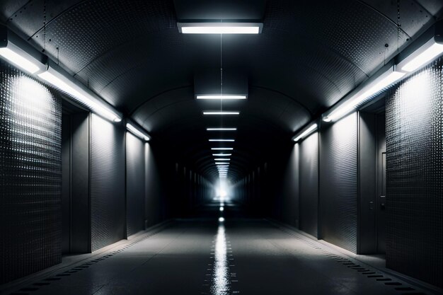 Foto der unterirdische durchgang des tunnels ist lang und weit weg mit lichtern in schwarz-weiß-stil.