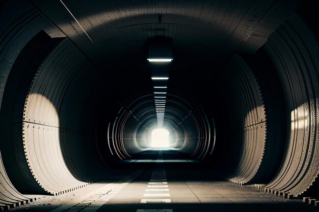 Foto der unterirdische durchgang des tunnels ist lang und weit weg mit lichtern in schwarz-weiß-stil.