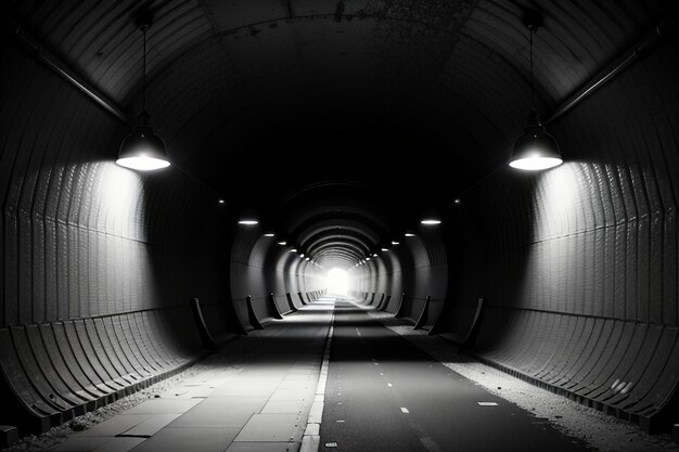 Foto der unterirdische durchgang des tunnels ist lang und weit weg mit lichtern in schwarz-weiß-stil.