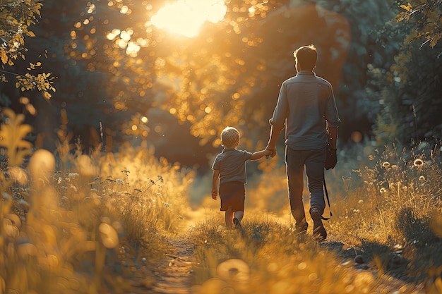 Der Vater führt seinen Sohn entlang der Dorfstraße