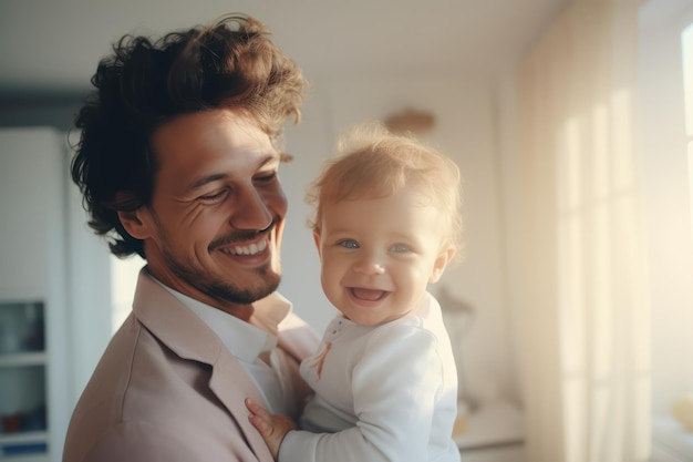 Der Vater lächelt mit dem kleinen Baby