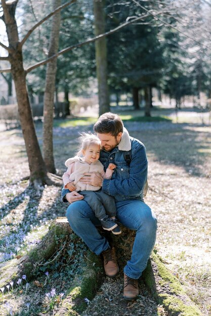 Der Vater umarmt ein kleines Mädchen, das auf einem Stumpf im Wald auf seinem Schoß sitzt