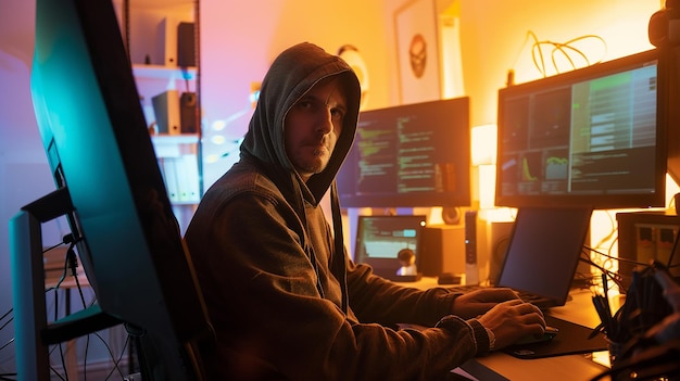 Der verdeckte Kapuzen-Hacker in seinem geheimen Versteck