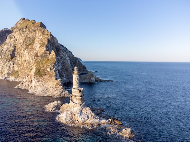 Der verlassene Leuchtturm Aniva in der Luftaufnahme der Insel SachalinRussland