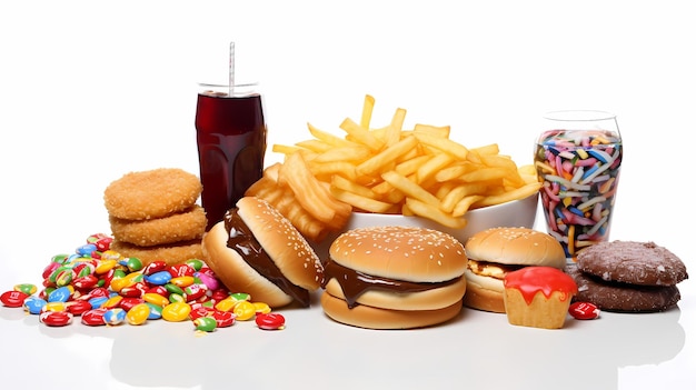 Foto der verzehr von junkfood wie gebratenen lebensmitteln, hamburgern und erfrischungsgetränken führt zu gesundheitlichen risiken