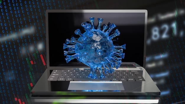 Der Virus und das Diagramm auf dem Notebook für Unternehmen im Ausbruchskonzept 3D-Rendering