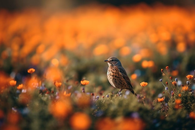 Der Vogel sitzt auf dem Gras zwischen den Blumen. Generative KI