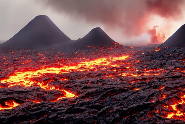 Der Vulkan bricht Lava aus.