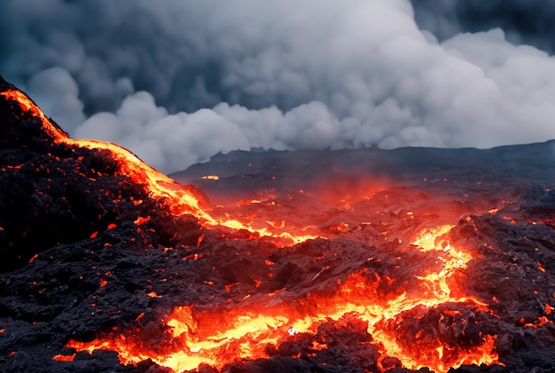 Der Vulkan bricht Lava aus.