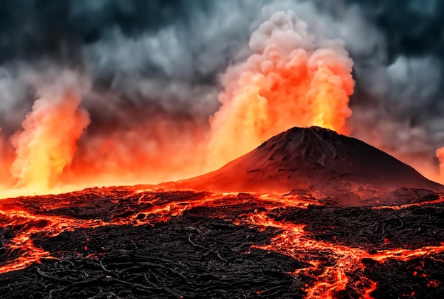 Der Vulkan bricht Lava aus.