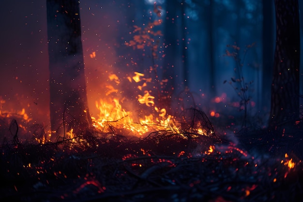 Der Wald brennt mit hohen Bäumen