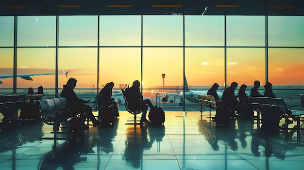 Der Wartebereich des Flughafens bei Sonnenuntergang Eine Darstellung des Reisens im 21. Jahrhundert