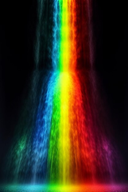 Der Wasserfall, der vom Berg herunter fließt, bildet einen wunderschönen Regenbogen