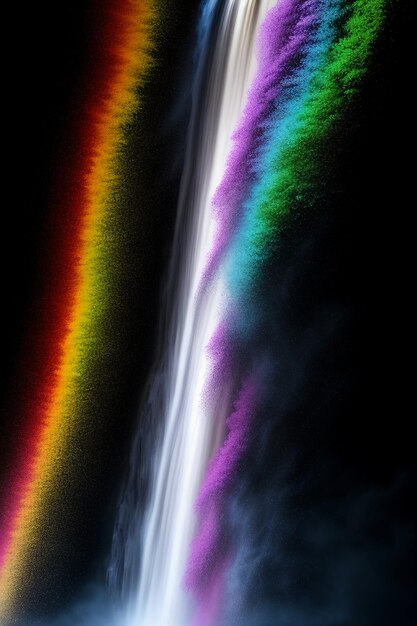 Der Wasserfall, der vom Berg herunter fließt, bildet einen wunderschönen Regenbogen