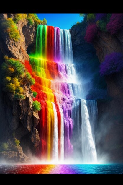 Foto der wasserfall, der vom berg herunter fließt, bildet einen wunderschönen regenbogen