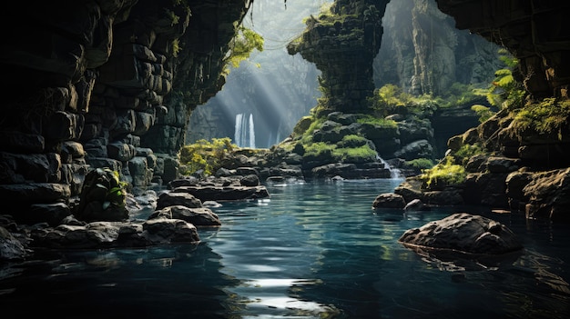 Der Wasserfall fließt über eine steile Felshöhle