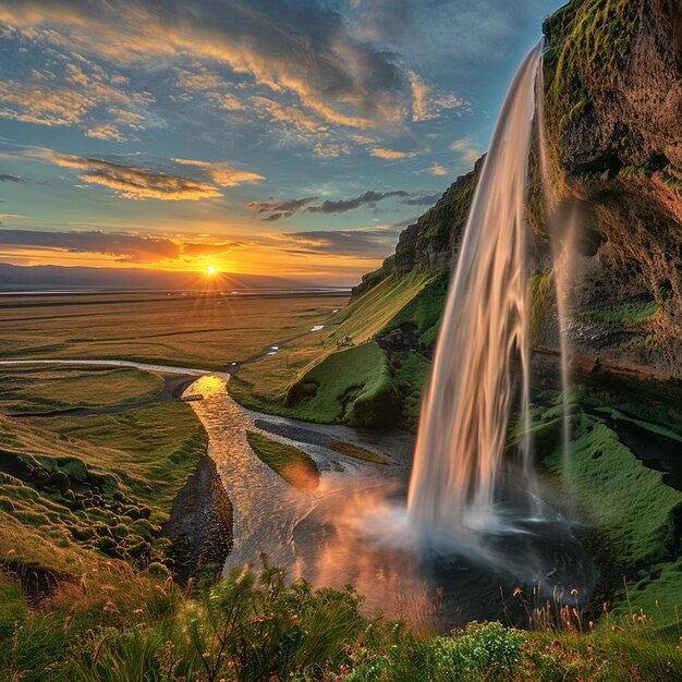 Foto der wasserfall seljalandfoss bei sonnenuntergang in hdr island