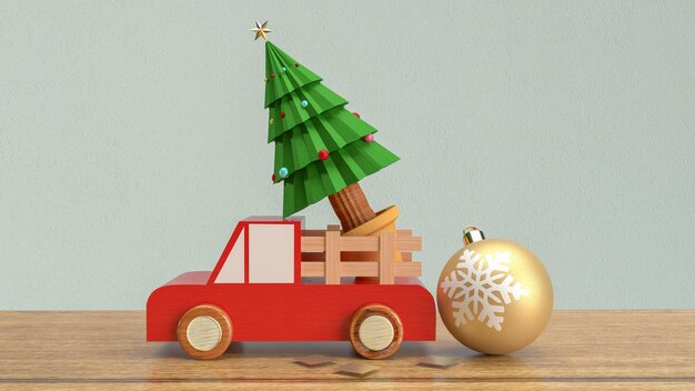 Der Weihnachtsbaum im Holzlastwagen auf Holztisch 3D-Rendering