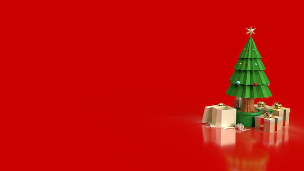 Der Weihnachtsbaum und die Geschenkbox auf rotem Hintergrund für das 3D-Rendering des Urlaubskonzepts