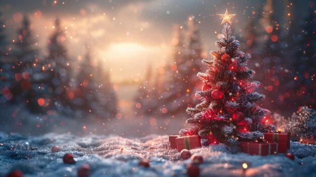 Der Weihnachtsbaum und Geschenkkisten auf dem Schnee mit leuchtendem Stern und Wald Winterabstrakte Landschaft