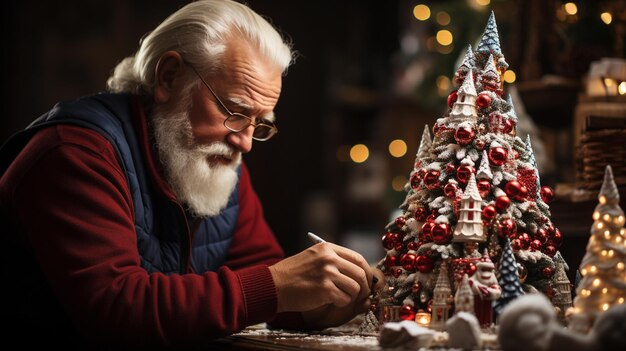 Der Weihnachtsmann arrangiert einen schön geschmückten weihnachtsbaum mit Ornamenten und Lichtern im Wohnzimmer Chris