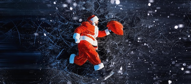 Der Weihnachtsmann auf Schlittschuhen fährt zu Weihnachten Der Weihnachtsmann eilt mit Geschenken und Weihnachtsbaum ins neue Jahr