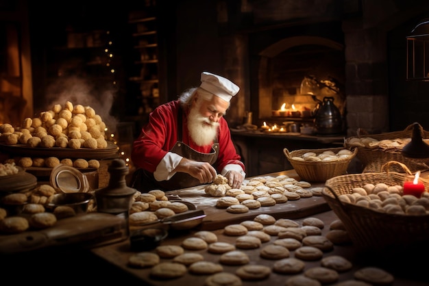 Der Weihnachtsmann backt verschiedene Weihnachtsplätzchen, Süßigkeiten, Sternanis und Zimt-Weihnachtsgebäck